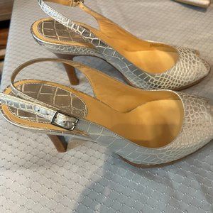 Cole Haan Silver Metallic 9M/ Leather Wood Stack 3" Heel Peep Toe